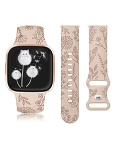 lot 7627379 image: Minyee Floral Engraved Band Compatible with Fitbit Versa 2 BandVersa LiteVersa Band Women, Cute Soft Silicone Dandelion Flower Pattern Sport Designer Fancy Summer Strap for Versa 2 (Walnut)