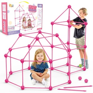 lot 7627390 image: SpringFlower Fort Building Kit for Kids,STEM Construction Toys, Educational Gift for 3 4 5 6 7 8 9 10 11 12 Years Old Boys and Girls,Ultimate Creative Set for Indoor & Outdoors Activity,140 Pcs,Pink