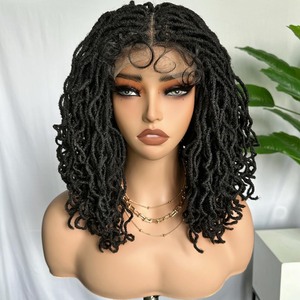 lot 7627447 image: SOKU Curly Faux Locs Lace Frontal Wig 14 Inch Natural Black 4x4 Large Double-lace Twist Dreadlock Wigs for Black Women Afro Curly Braided Synthetic Wig