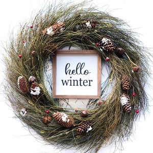 lot 7627452 image: Tempus Christmas Wreath for Front Door 18�� Winter Pine Cones Wreath with Wooden Sign Green Decorations for Windows Winter Wreath Hanging Wall Decor