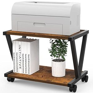lot 7627453 image: VEDECASA Retro Desktop Printer Stand 2 Tiers Under Desk Wood Printer Shelf Rustic Industrial Farmhouse Wood Storage Book Shelf Table Organizer for Home Office Stylish Sturdy V Shaped (Rustic Brown)