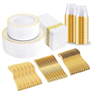 lot 7627457 image: bUCLA 350PCS Gold Plastic Dinnerware Set - Gold Plastic Plates Disposable for 50 Guests Include 50 Dinner Plates,50 Dessert Plates,50 Forks,50 Knives,50 Spoons,50 Cups&50 Napkins for Party