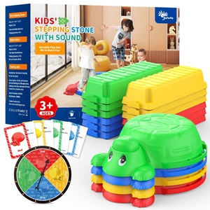 lot 7627458 image: 16 Pcs Balance Beam and Stepping Stones for Kids - 4 Turtle Shape Stepping Stones and 12 Connectable Beams with Sound Feature,Color Spinner, Riddle Cards, Fun Balance Training and Obstacle Course