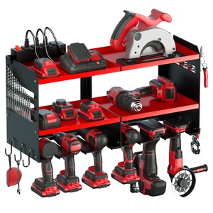 lot 7627461 image: Spampur Power Tool Organizer with Charging Station, 6 Drill Holders Wall Mount, Heavy Duty Metal Premium Garage Tool Shelf, Gift for Man Cordless Tool Storage Rack with 4 Outlet Power Strip - Red