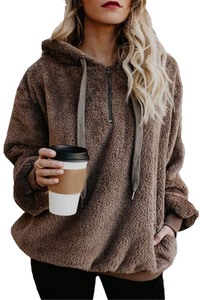 lot 7627468 image: ReachMe Womens Oversized Sherpa Pullover Hoodie with Pockets Fuzzy Fleece Sweatshirt Plaid Fluffy Jacket Coat(0 Brown,S)