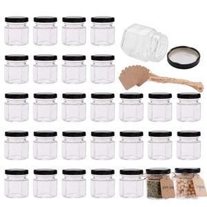 lot 7627474 image: Encheng 1.5 oz Clear Hexagon Jars,Small Glass Jars With Lids(black),Mason Jars For Herbs,Foods,Jams,Liquid,Mini Spice Jars For Storage 30 Pack