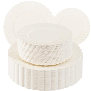 lot 7627476 image: U-QE 100 Piece Ivory Scalloped Plastic Plates for Party - Plastic Plates Disposable Heavy Duty - High End Disposable Plates for Party Including 50PCS 9 Dinner Plates & 50PCS 6.5 Dessert Plates