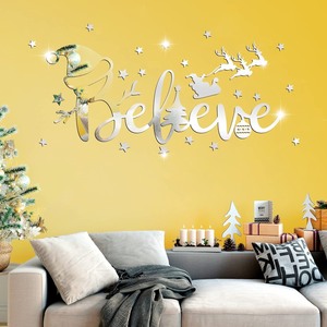 lot 7627480 image: Christmas Wall Decal Acrylic Mirror Wall Sticker Snowman Self Adhesive Window Sticker Decorative Window Cling Holiday Wall Decal for DIY Home Wall Bedroom Living Room Party Decoration (Silver)