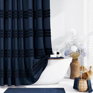 lot 7627486 image: Dynamene Navy Blue Fabric Shower Curtain, Tufted Chenille Striped Textured Cloth Shower Curtains for Bathroom, Boho Farmhouse Shabby Chic Waterproof Shower Curtain Set with Hook, Wrinkle Free, 72x72