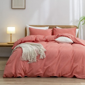 lot 7627492 image: BESTOUCH Duvet Cover Set 100% Washed Cotton Linen Feel Super Soft Comfortable Chic Lightweight 3 PCs Home Bedding Set Solid Orange King