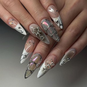 lot 7627499 image: IMRAIN Medium Press on Nails Almond Silver Laser Ombre Glossy Fake Nails Glossy Glue on Acrylic Nails Full Cover French Tips Gel Y2K False Nails for Women Girls 24Pcs