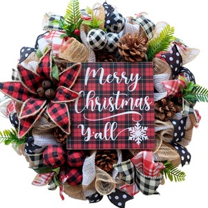 lot 7627550 image: TEMPUS 18�� Christmas Door Wreaths Red Burlap Mesh Pinecone Wreath with Celebrate Christmas Sign for Front Door Outside Decorations
