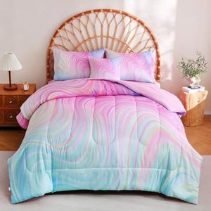 lot 7627572 image: Tasselily Pink Comforter Full Size,Blue Purple Full Bedding Sets for Girls,6 Pcs Tie Dye Rainbow Full Size Comforter Set with Sheets for Girls Kids Teens - Retail $78.99