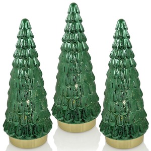 lot 7627592 image: Green Mercury Glass Christmas Tree 3pcs, Tabletop Christmas Tree with Light, Battery Operated Mini Xmas Tree for Fireplace Centerpiece Decorations 10