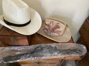 lot 7516 image: Straw hat collection and feather wrap