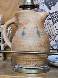 lot 7599 image: Vintage Stoneware Pitcher with Blue Decorative Pattern