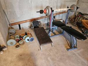 lot 7749 image: Vintage WorkOut Equipment Lot Dumbells, Barbells, Benches