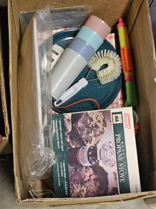 lot 7784 image: Vintage Coleman Propane Stove with Camping Accessories