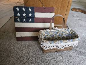 lot 7785 image: Longaberger Basket and wooden Flag Hanging Wall Decor