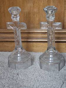 lot 7791 image: Vintage Crystal Crucifix Candlesticks - Pair
