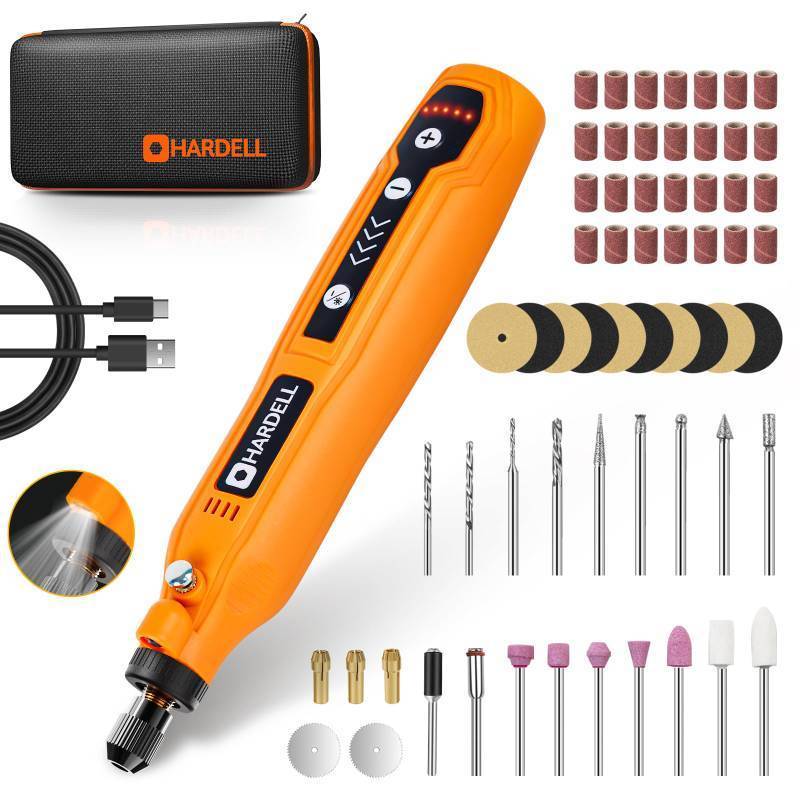 lot 1005 image: HARDELL Mini Cordless Rotary Tool Kit, 5-Speed and USB Charging with 61 Accessories, Multi-Purpose 3.7V Power Rotary Tool for Sanding, Polishing, Drilling, Etching, Engraving, DIY Crafts Retail $31.24
