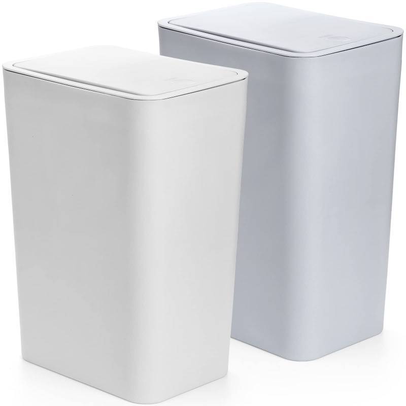 lot 1034 image: Fasmov Trash Can, 2 Pack 15 Liter  4 Gallon Plastic Garbage Container Bin with Press Top Lid, Waste Basket for Kitchen, Bathroom, Living Room, Office, Narrow Place (White  Blue) Retail $39.99