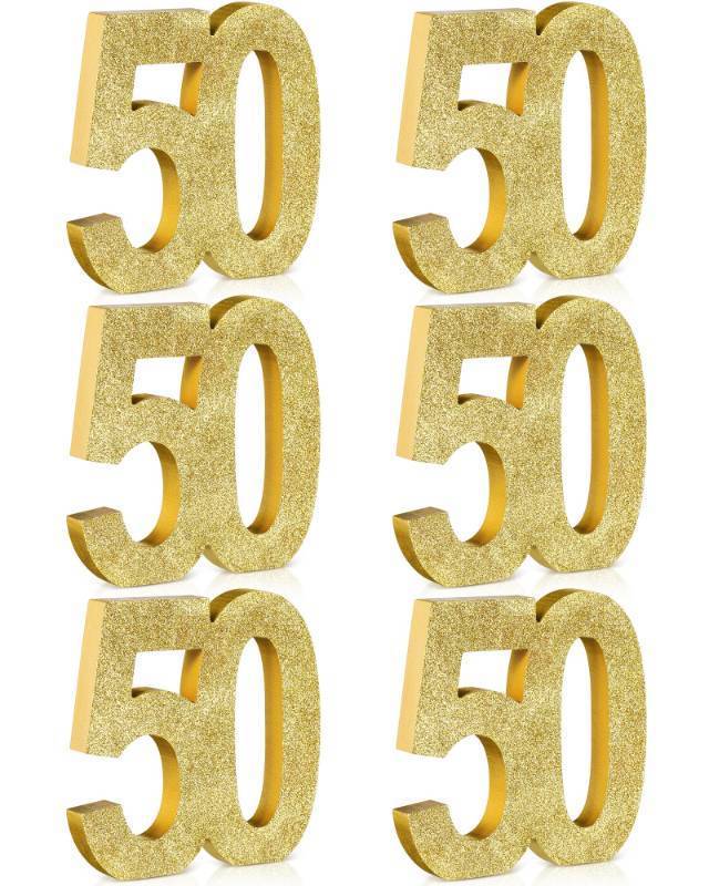 lot 1046 image: Shellwei 6 Pcs 50th Birthday Decorations for Men and Women, 50th Anniversary Decorations, Gold Glitter Number 50 Table Topper Centerpieces Decorations for Birthday Party Retail $39.99