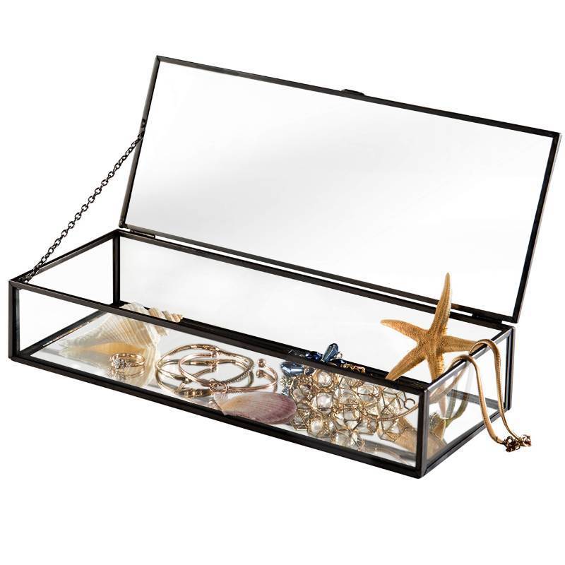 lot 1114 image: MyGift Glass Jewelry Box, Vintage Style Black Metal & Clear Glass Mirrored Shadow Box Jewelry Display Case with Hinged Top Lid Retail $43.74
