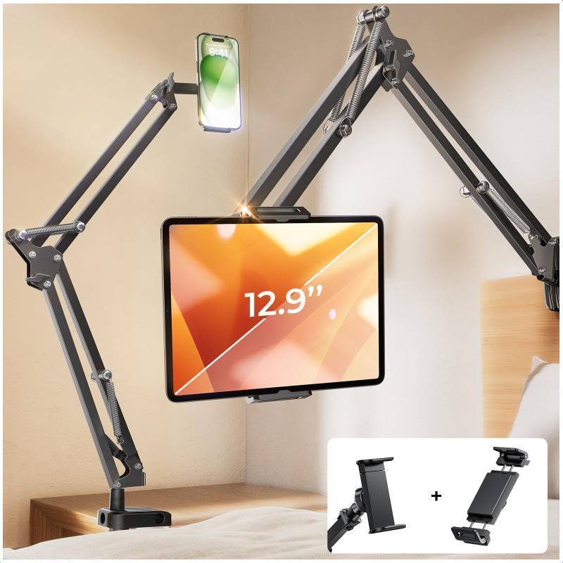 lot 1213 image: LISEN Tablet Stand Phone Holder iPad Holder for Desk MountUltra Sturdy 2 Clamps Kindle Holder for Bed Gooseneck Phone Tablet Holder Mount Phone Stand fits iPhone iPad Mini 7 Kindle 4-13 Device Retail $32.49