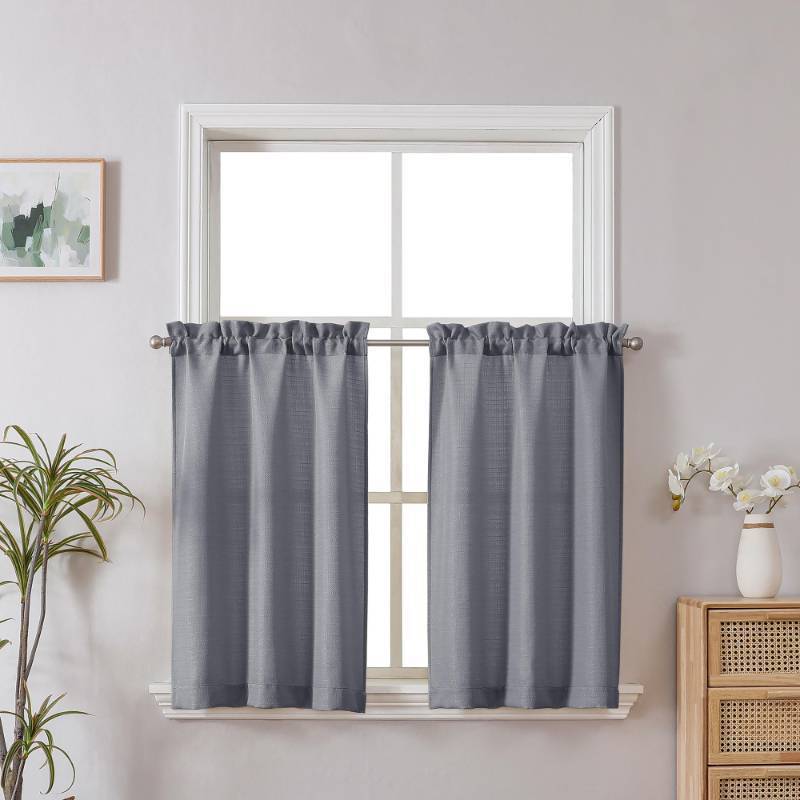 lot 1253 image: Chyhomenyc 2 Panels Dark Grey Kitchen Curtains 24 Inch Length Tier Curtains, Faux Linen Textured Small Cafe Curtains, Light Filtering Short Window Curtains for Bathroom Basement, Each 30x24 Inch Retail $11.84