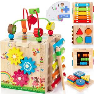 lot 1009 image: Bravmate Wooden Activity Cube, 8-in-1 Montessori Toys for 1-2 Year Old Boys & Girls, Multipurpose Educational Toy for 12M Baby Toddler, First Birthday Gift with Word Cards  Sorting & Stacking Board Retail $29.61