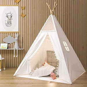 lot 1014 image: Gamenote Teepee Tent for Kids Indoor Tents with Mat, Inner Pocket, Unique Reinforcement Part - Foldable Kids Play Tent Canvas Tipi Childrens Tents for Girls & Boys (White) Retail $33.33