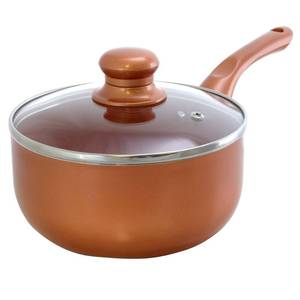 lot 1022 image: Kutime, 1.5 QUART NON-STICK SAUCE PAN WITH GLASS LID - COPPER COLOR Retail $34.99