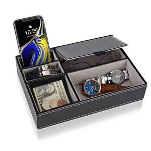 lot 1033 image: Baoyun Mens Valet Tray, Faux Leather Valet Box, EDC Catch All Tray, Dresser Top Nightstand Organizer with 5 Compartments for Smartphone, Keys, Wallet, Watch Retail $16.21