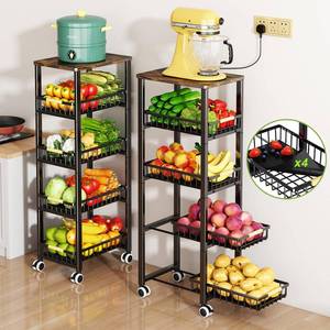 lot 1041 image: Fruit Vegetable Storage Basket for Kitchen, 5 Tier Large Pull-Out Metal Wire Baskets with 4 Pack Mats Bottom, Wood Top and Wheels, Vegetable Produce Bins Stand Cart Rack for Onions and Potatoes Retail $62.49