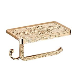 lot 1069 image: Vintage Paper Towel Holder with Cellphone Shelf for Bathroom, Wall Mount Anti-Rust Aluminum Paper Towel Rack (Gold) Retail $11.50