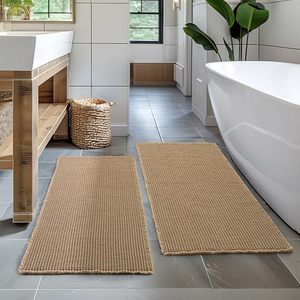 lot 1082 image: MIULEE Set of 2 Waffle Bathroom Runner Rugs, Boho Bath Rugs Non Slip Washable, Super Absorbent Runner Bath Mats, Rubber Backed Shower Mats for Hallway Bedroom Laundry Room, Brown, 2x6(24x72 Inch) Retail $59.99