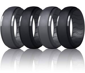 lot 1097 image: Dookeh Breathable Mens Silicone Wedding Rings, Rubber Ring Bands For Men, Black Blue Camo Engagement Band, Best for Workout, 1-4-7 Pack (W2-Dark Gray,Dark Gray,Black,Black, 8) Retail $9.99
