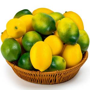 lot 1121 image: CLESDF 30 Pcs Fake Lemon, Artificial Lemons Faux Fruits Green and Yellow Lemon, Simulation Fruit for Lemonade Party Fruit Bowl Home Kitchen Photography Props Retail $13.69