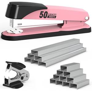 lot 1148 image: Metal Stapler Heavy Duty 50 Sheet Capacity with 1750 Staples and Staple Remover, Pink Stapler Full Strip Staplers for Desk, No Jam, Non-Slip Office Stapler with Staples for Office & Classroom, Pink Retail $19.98