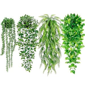 lot 1159 image: Artificial Hanging Plants for Shelf, 4 Pack Fake Potted Greenery Plant Faux Mandala Vine,String of Pearls,Ivy Vine,Persian Grass Fern in Pot for Home Room Indoor Outdoor D�cor Retail $21.24