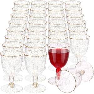 lot 1177 image: meekoo 50 Pack Plastic Wine Glasses with Stem Disposable 5.7 oz Gold Glitter Champagne Cups Wine Goblets Cocktail Cups for Weddings Birthdays Bridal Shower graduation Parties Retail $26.81