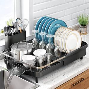 lot 1186 image: Dish Drying Rack, Expandable Dish Rack for Kitchen Counter, Stainless Steel Dish Drainer with Drainboard Set and Utensil Holder (Black) Retail $43.74