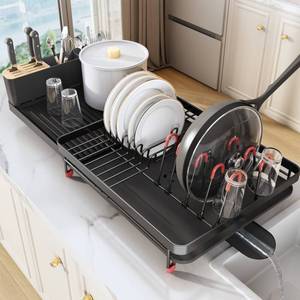 lot 1201 image: Dish Drying Rack, Expandable Dish Racks for Kitchen Counter, 16.5 to 27 Extendable Multifunctional Extra Large Dish Strainers with Cutlery & Pan Holders, Anti-Rust Dish Drainers with Drainboard Retail $49.99