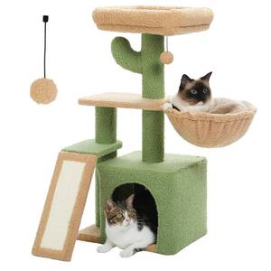 lot 1202 image: PETEPELA Cactus Cat Tree for Indoor Cats, 32 Small Cat Tower Cat Condo with Sisal Scratching Ramp, Cozy Hammock and Removable Top Bed Perch for Kittens, Green Retail $49.99