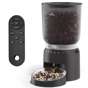 lot 1207 image: iPettie Hourglass Cat Feeder Automatic with Quickset Remote, 5L21 Cup Capacity, 1-6 Meals Per Day, 20 sec Voice Recording, Stainless Steel Bowl, Self Feeding Cat Food Dispenser, Auto Cat Feeder Retail $54.57