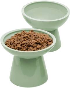 lot 1208 image: CEEFU 2 Extra Wide Elevated Cat Food Bowl, Ceramic Cat Bowls for Food and Water, Wide Shallow Cat Food Dish, Whisker Fatigue, Lead & Cadmium Free, Great Height for Cat, Sage Green Retail $24.99