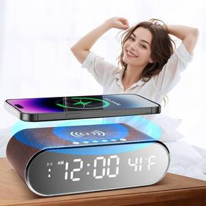 lot 1223 image: Alarm Clock with Wireless Charging 15W Fast, Alarm Clocks for Bedrooms 0-100% Dimmer, Dual Alarm Digital Clock Temperature&Date Display Wooden Clock Alarm Clock for Heavy Sleepers Adults Bedside Clock Retail $31.24