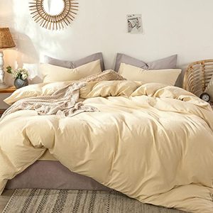 lot 1224 image: MooMee Bedding Duvet Cover Set 100% Washed Cotton Linen Like Textured Breathable Durable Soft Comfy (Light Yellow, Full) Retail $59.99