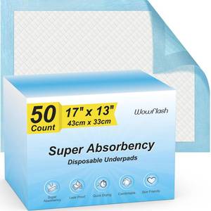 lot 1279 image: 50 Count Super Absorbency Disposable Underpads, Leakproof Quick Drying Disposable Pads for Baby, Puppy and Adults, Disposable Changing Pads for Baby, Disposable Diaper Changing Pads, 17�� x 13�� Retail $15.49
